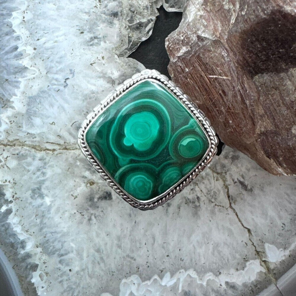 Sterling Silver Southwestern Style Square Malachite Decorated Ring Size 9.5 - Picture 2 of 10